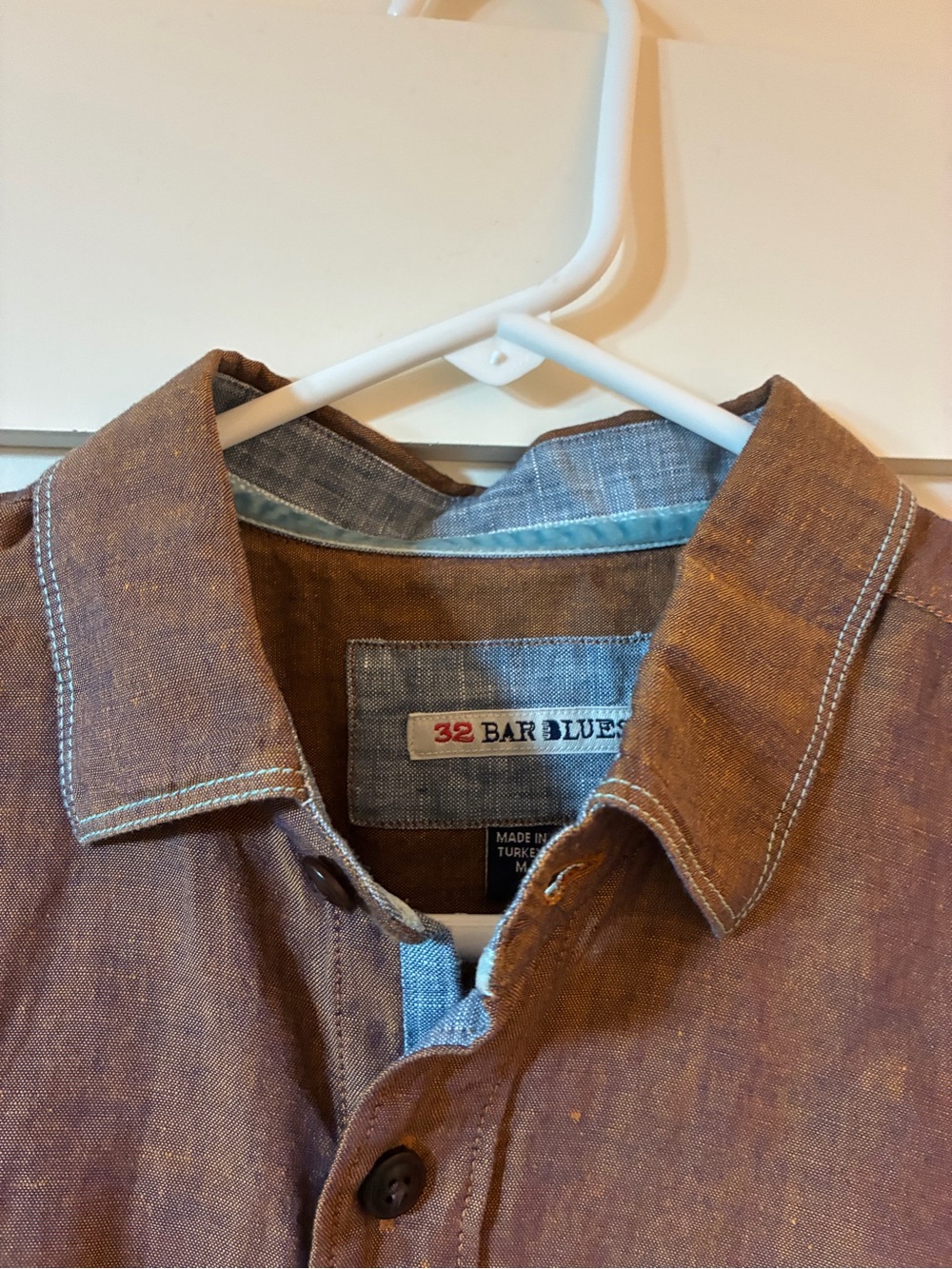 32 BAR BLUES Brown Button-Up Shirt, M, 66% linen 34% cotton, NWOT